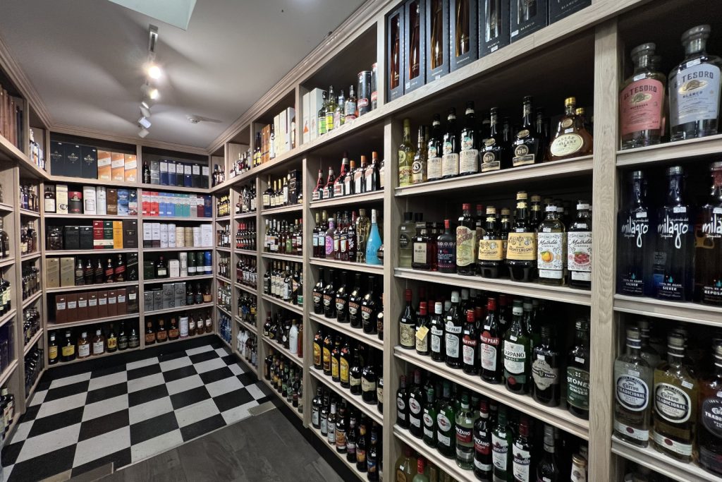 Shelves of spirits in liquor store