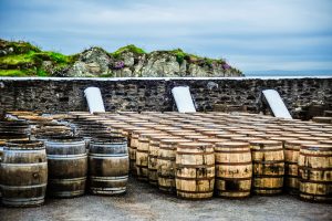Rows of whiskey barrels